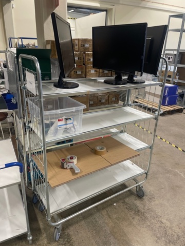 1316807-9 Desk, label printer, shelf trolleys. No content