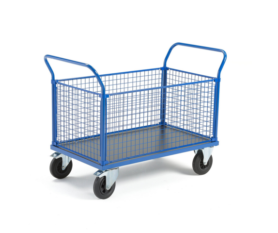 1342437-1 Platform trolley TRANSFER 4 mesh sides, 1200x800 mm, 500 kg, solid rubber wheels, with brake