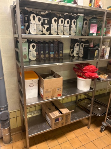 1315889-5 Warehouse shelves with contents, trolley, stainless steel bench, glass