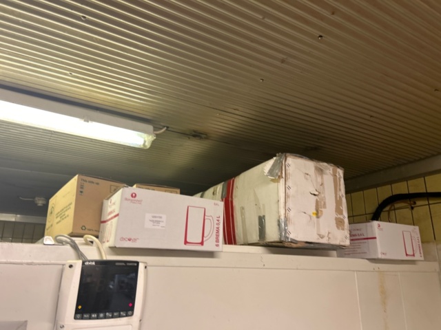 1315889-7 Warehouse shelves with contents, trolley, stainless steel bench, glass