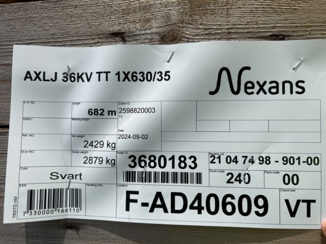 1337423-3 Power cable on drum 682m - Nexans AXLJ 36KV TT 1X630/35