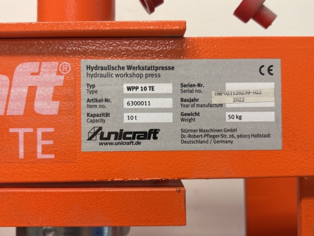 1360987-4 Hydraulisk verkstadspress - Unicraft WPP 10 TE