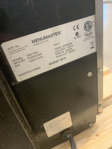 1389502-11 Microwave Oven Menumaster DEC18E2 1800W