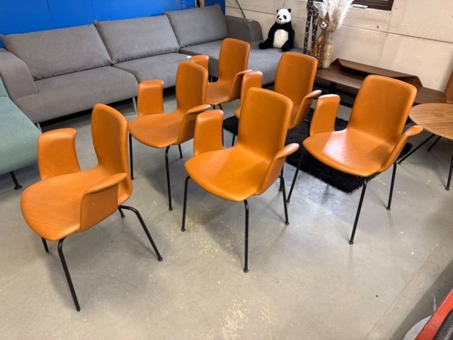 1390078-3 Slim stol med armstöd, cognacsfärgat europeiskt läder, 4 st