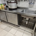 1388619-1 Stainless steel bench with sink, shelves, rice cooker
