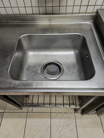 1388619-2 Stainless steel bench with sink, shelves, rice cooker