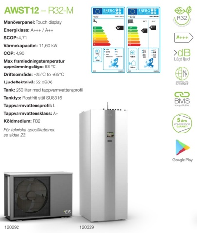1402311-2 12kW luft/vatten värmepump med 250l varmvattentank ink rostfri buffertank