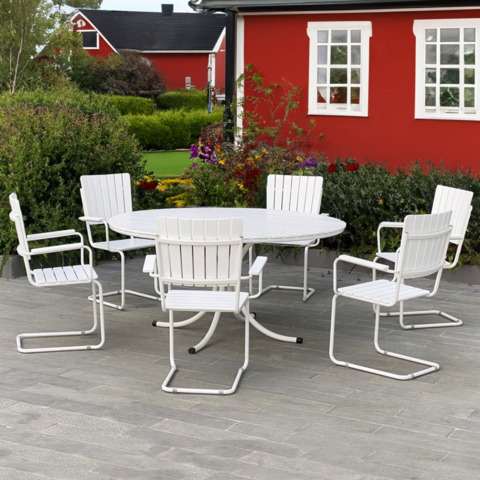 1407355-1 Rund utemöbel matgrupp | Bord med 6 stolar | Vitlaserad akacia | Gräsö