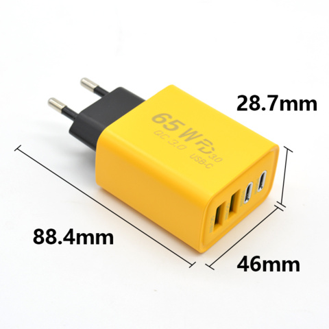 1410591-3 Mobiltillbehör Väggadapter 65W GaN – 2×USB-C + 2×USB-A – Gul - Fri frakt