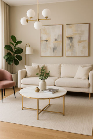 1412195-1 Palasso soffbord 80 cm diameter - Mässing / Ljus marmorering