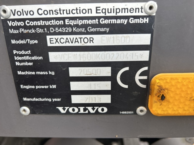 1383248-94 Volvo EW160D med tre skopor & gafflar *Uppdaterad auktion*