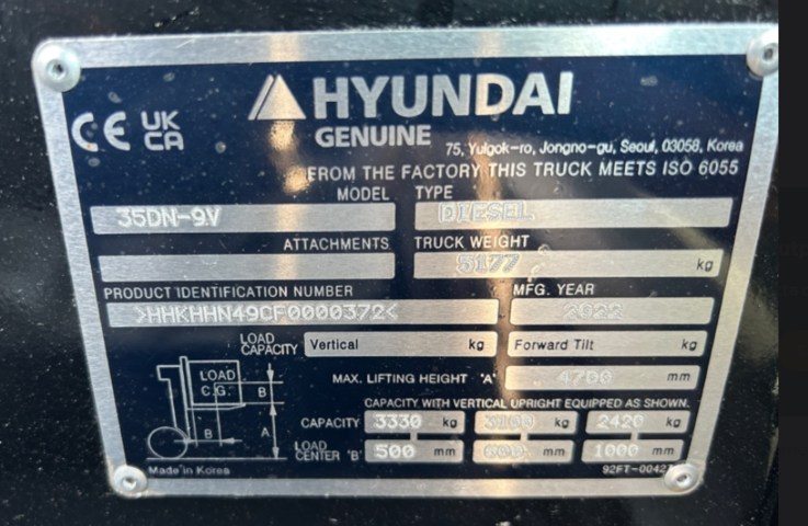 1422289-2 Dieseltruck - Hyundai 35DN-9V – 3,3 t / 4,7 m mast – endast 193 timmar – toppskick