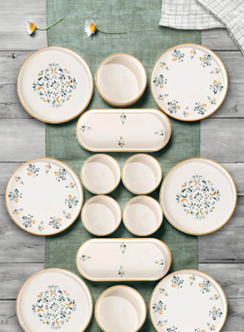 1434732-1 Servisset, 14 delar – Keramik, vit med dekor, rund och oval design