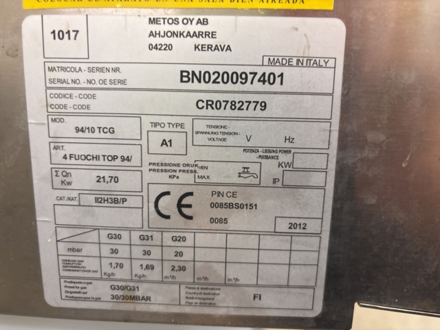 1423530-13 Gasspis med tillbehör - Metos 94/10 TCG -2012