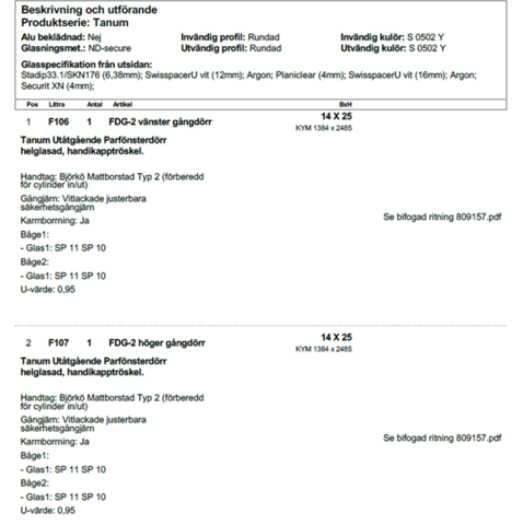 1460146-9 2 st Nordan Tanum parfönsterdörrar (vänster + höger), helglasade – transportskadade