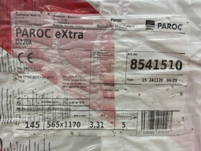 1461975-4 Vägg-/bjälklagsskivor Trä Paroc eXtra 145x565x1170 mm (ca 79,32 kvm)