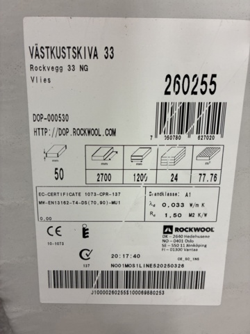 1461983-3 Facade boards West Coast board 33 Rockwool 50x2700x1200 mm (approx. 77.76 sq m)
