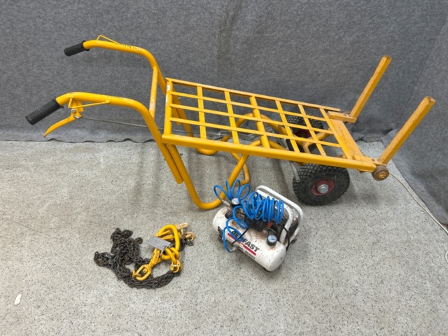 1436488-1 Tegelkärra, kompressor och surrningskätting - Hörby Bruk, Aerfast m.fl.