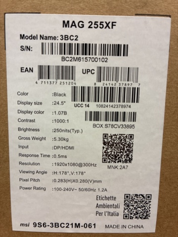 1472294-3 Gaming monitor MSI 25" MAG 255XF