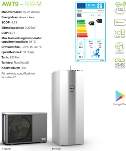 1344077-2 9 kW luft/vatten värmepump med 250L varmvattenstank. rostfri bufferttank med 15m spiral. M61