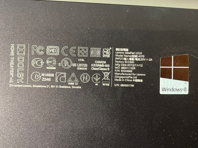 1424052-4 Laptop Lenovo IdeaPad U310