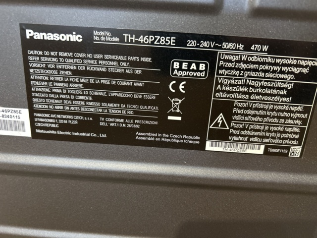 1454851-7 TV  46" - Panasonic Viera TH-46PZ85E