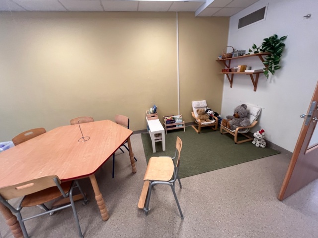 1424075-2 Playroom with furniture and toys - table, chairs, play kitchen, children's armchairs, storage