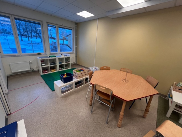 1424075-3 Playroom with furniture and toys - table, chairs, play kitchen, children's armchairs, storage
