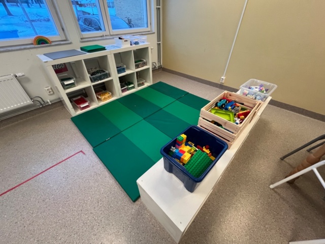 1424075-5 Playroom with furniture and toys - table, chairs, play kitchen, children's armchairs, storage