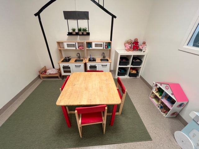 1424075-9 Playroom with furniture and toys - table, chairs, play kitchen, children's armchairs, storage