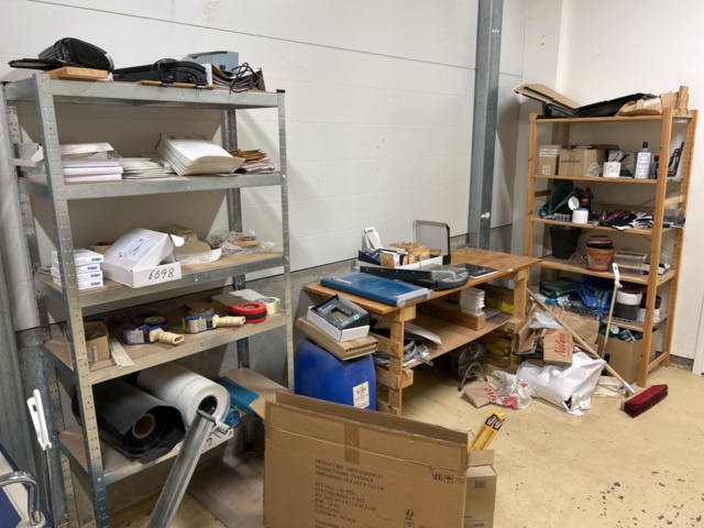 1454905-1 Collection of shelves, bench and various office and consumable materials