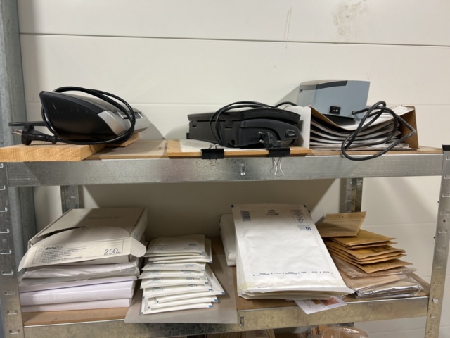 1454905-4 Collection of shelves, bench and various office and consumable materials