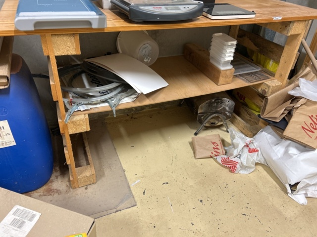 1454905-11 Collection of shelves, bench and various office and consumable materials