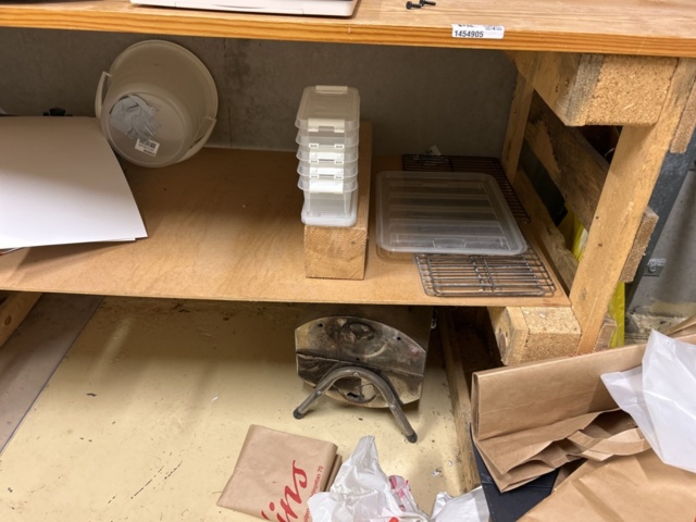 1454905-22 Collection of shelves, bench and various office and consumable materials