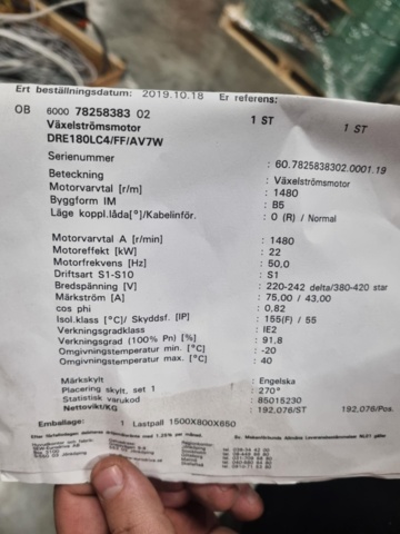 1466749-3 Ny växelströmsmotor DRE180LC4/FF/AV7W, 22 kW