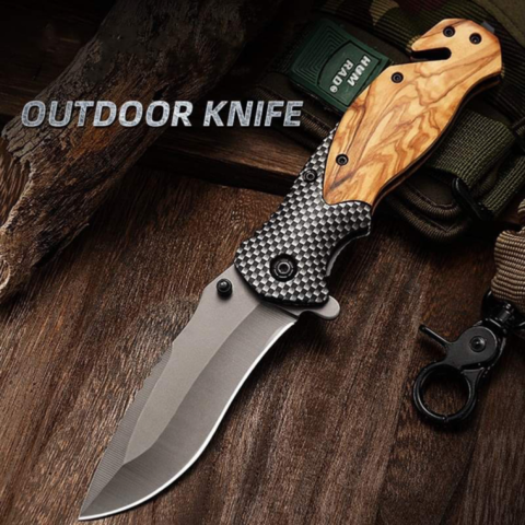 1482763-4 3 pcs Folding knives carbon fiber patterned with wooden handle - Free shipping