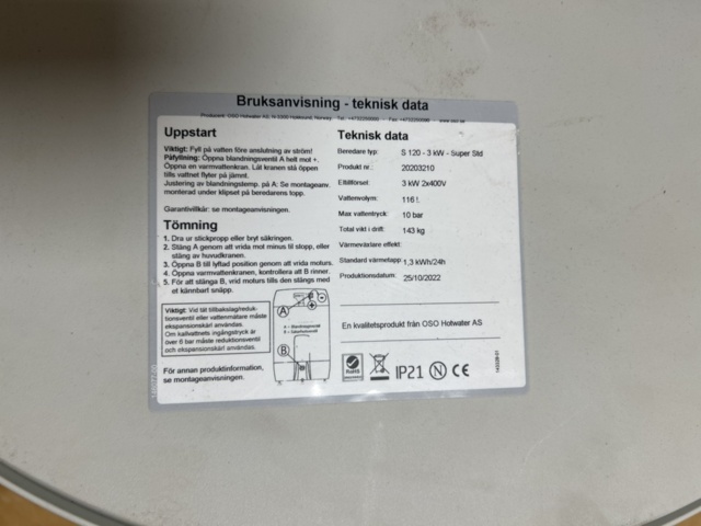 1470244-2 Water heater - OSO S120-3 kW-Super Std