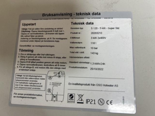 1470244-8 Water heater - OSO S120-3 kW-Super Std