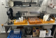 1368674 Collection of kitchen equipment - Milkshake machine, glasses, plates, cutlery, etc.