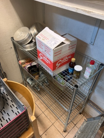 1384755-6 Collection of kitchen equipment, sheet metal shelves and stainless steel workbench