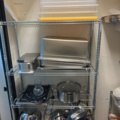 1384755-7 Collection of kitchen equipment, sheet metal shelves and stainless steel workbench