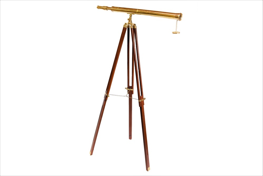 1492876-1 Antique-looking brass binoculars with dark wood tripod stand and brass fittings,