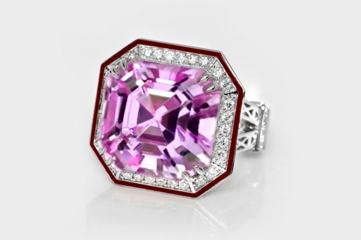 1500930-2 Ring 14K White Gold with Kunzite and Diamonds IGI certificate