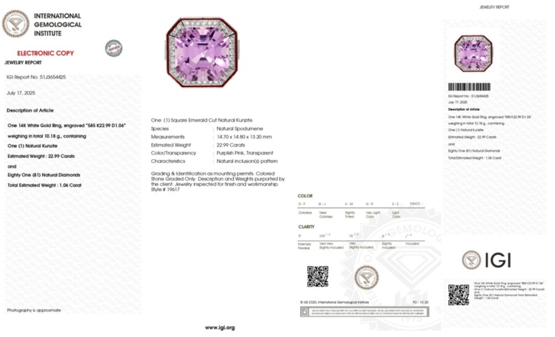 1500930-5 Ring 14K White Gold with Kunzite and Diamonds IGI certificate