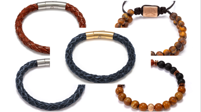 1502450-1 Armband 5 st - flätade läderarmband 6 mm, dubbelpärlarmband 6 mm, pärlarmband 8 mm