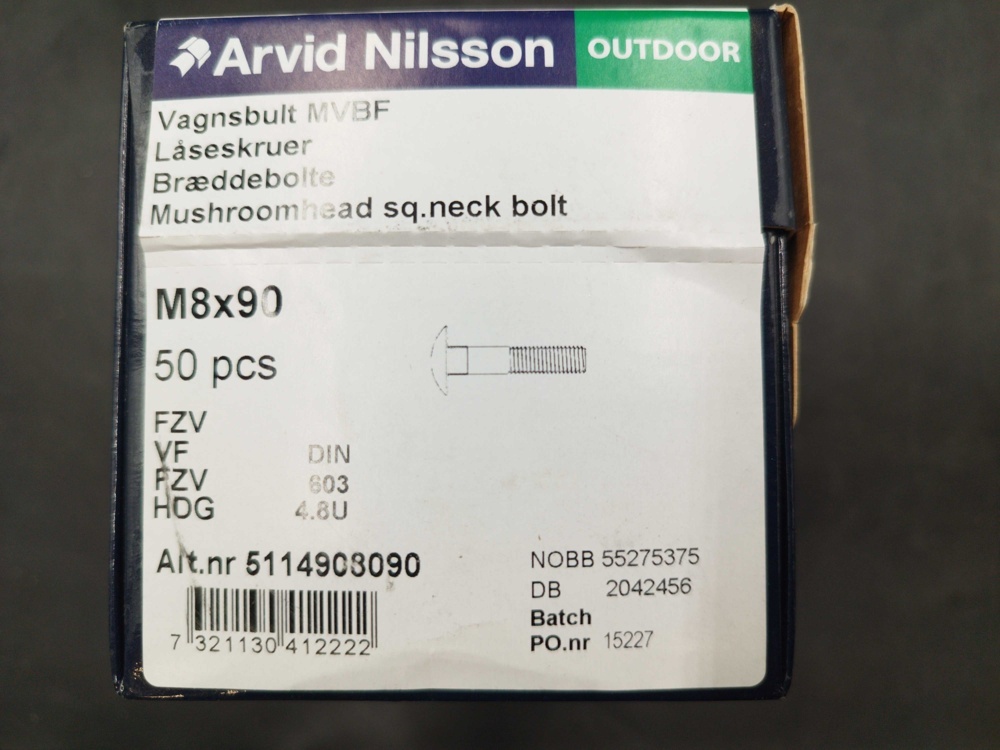 1511646-2 Carriage bolt - 300 pcs, Arvid Nilsson, M8x90, DIN 603