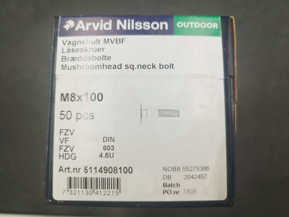 1511747-2 Carriage bolt - 600 pcs, Arvid Nilsson, M8x100