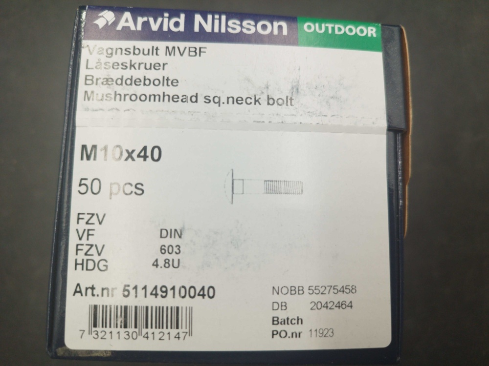1511756-2 Carriage bolts and joint nuts - 400 pcs, Arvid Nilsson, M10x40