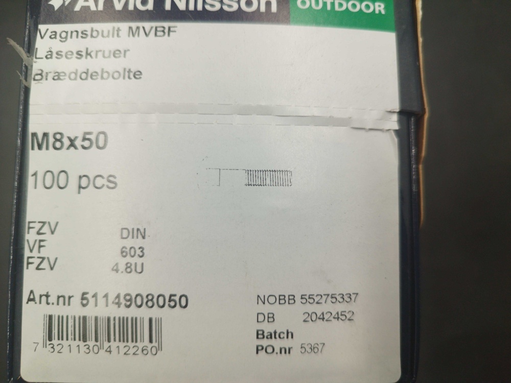 1511758-2 Carriage bolt - 800 pcs, Arvid Nilsson, M8x50