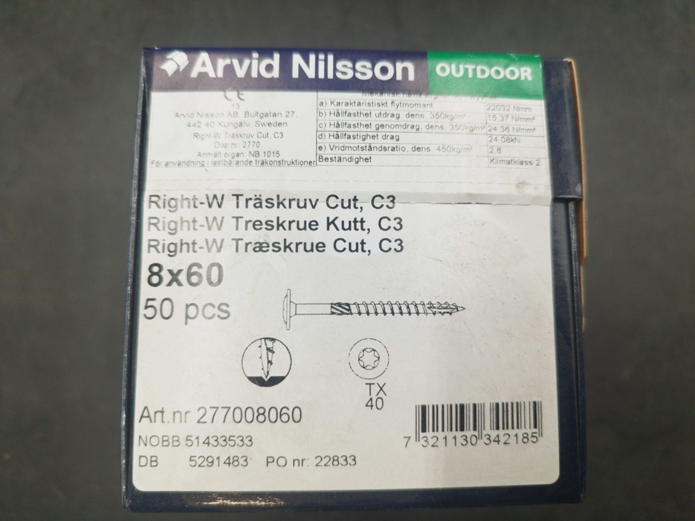 1512916-2 Träskruv, 400 st - Arvid Nilsson, 8x60 mm, C3